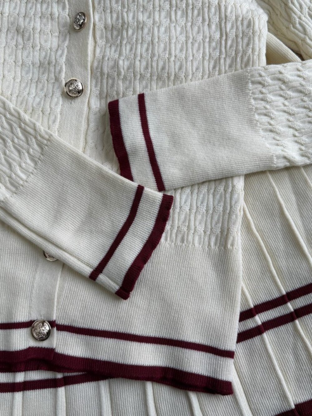 Polo Ralph Lauren Women Preppy Cable Knit 2 Piece Set Striped Polo Cardigan - Picture 2 of 8